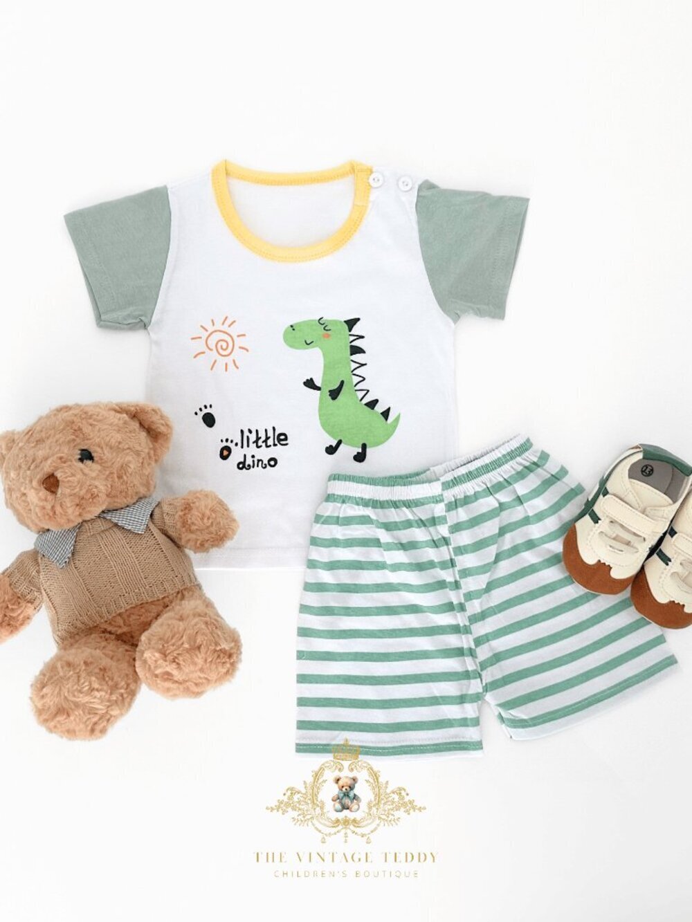 NWT Cute Boys Matching Set Kids T-shirt & Shorts 2-Piece Cotton Little Dino 2T